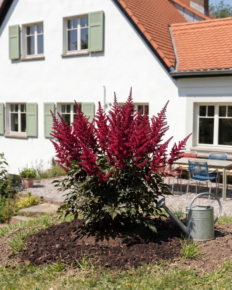 Pink blühende Astilbe im Gartenbeet vor einem Landhaus mit grünen Fensterläden und Zinkgießkanne