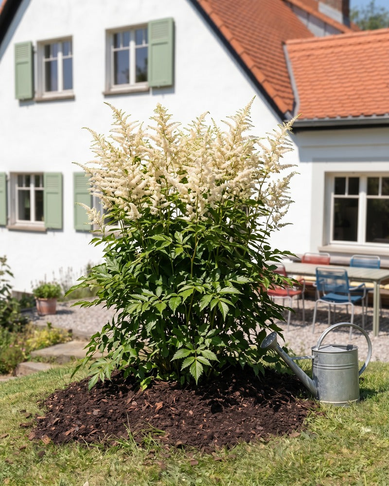 Weiß blühende Astilbe im Gartenbeet vor einem Landhaus mit grünen Fensterläden und Zinkgießkanne