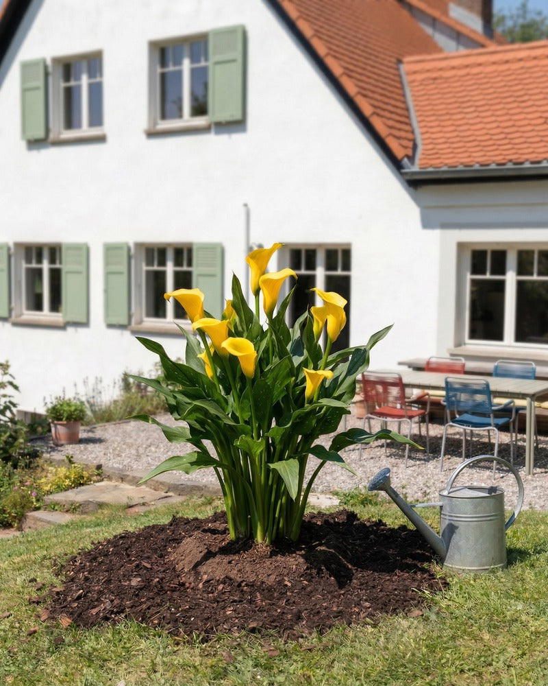 Gelbe Calla in voller Blüte im Gartenbeet vor einem Landhaus mit Zinkgießkanne