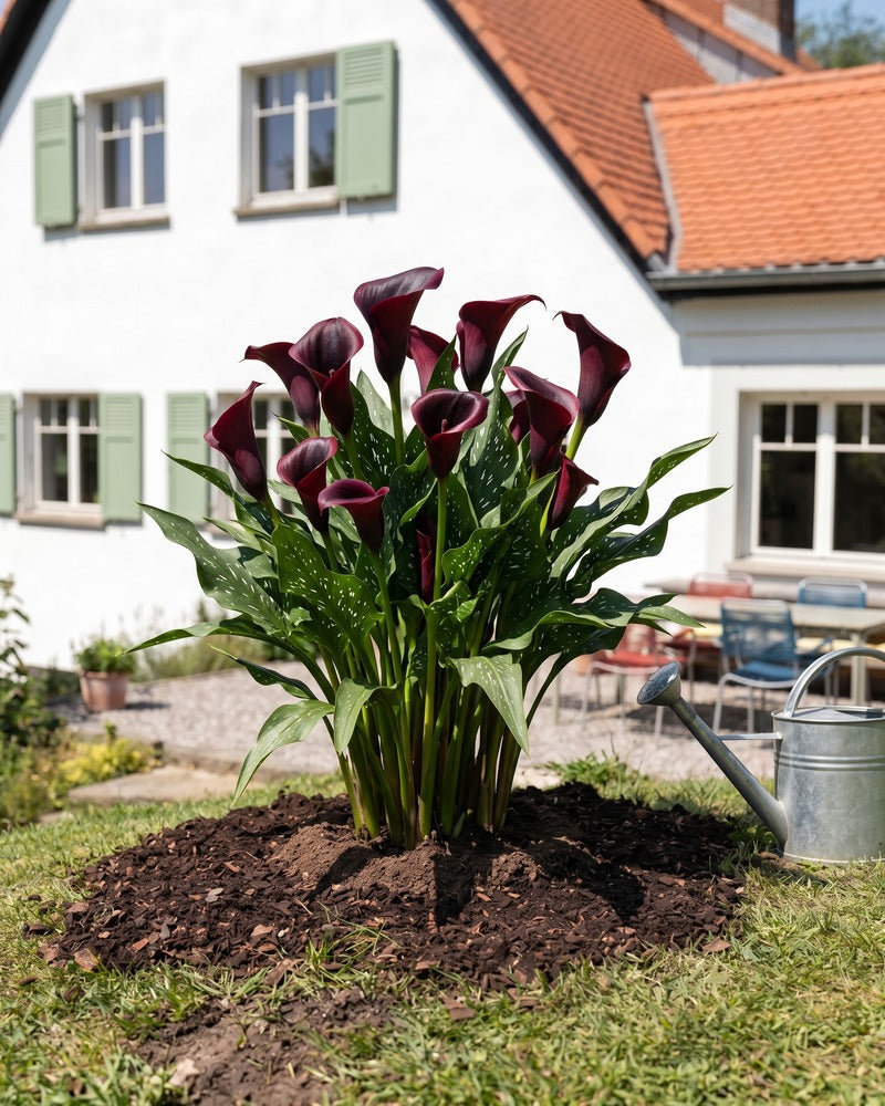 Violette Calla in voller Blüte im Gartenbeet vor einem Landhaus mit Zinkgießkanne