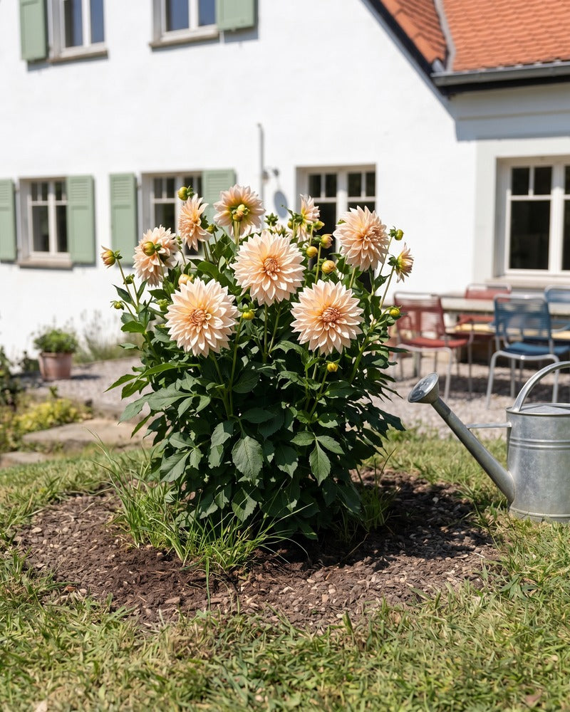 Beige Dahlie in voller Blüte im Gartenbeet vor einem Landhaus mit Zinkgießkanne