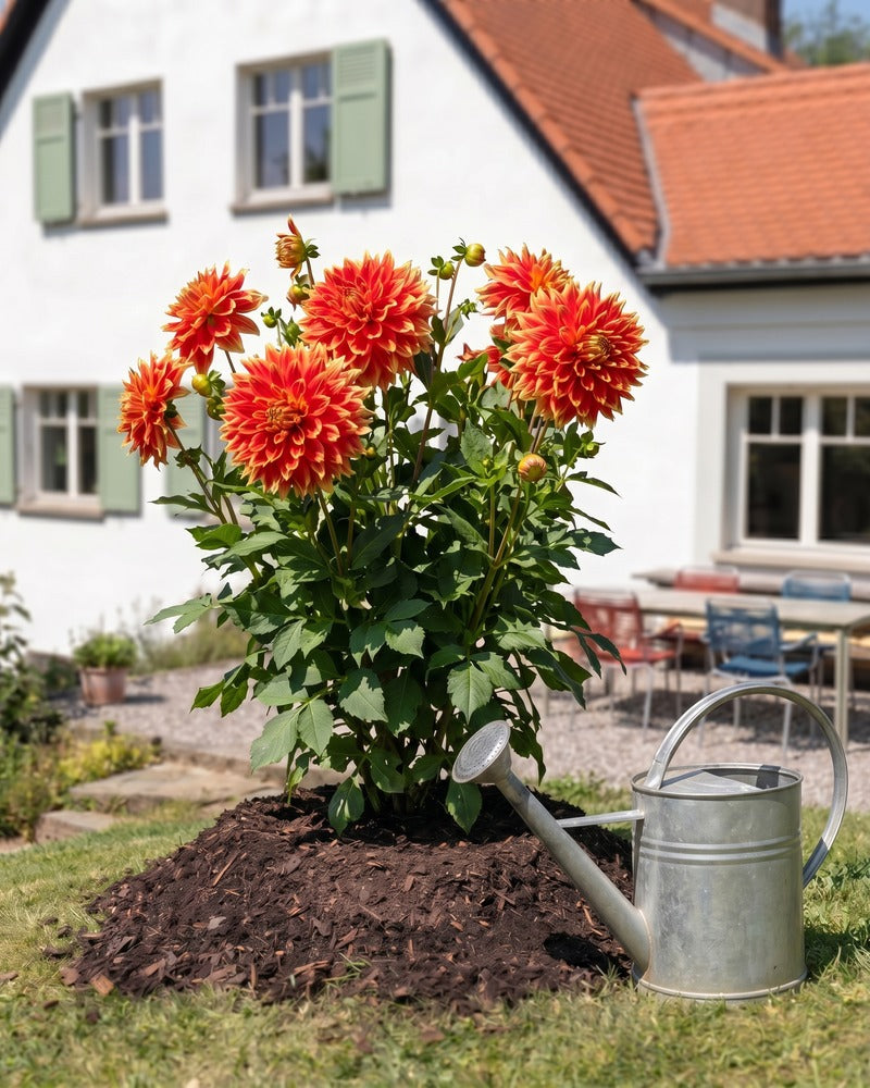Orange-rote Dahlie in voller Blüte im Gartenbeet vor einem Landhaus mit Zinkgießkanne