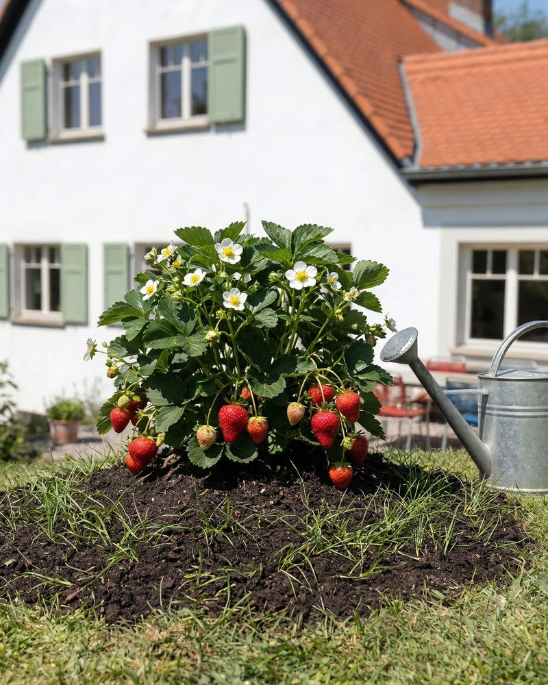 Eine Erdbeerpflanze (Wurzelstock) mit reifen roten Beeren und weißen Blüten wächst in einem Gartenbeet. Rechts steht eine Metallgießkanne, und im Hintergrund ist ein weißes Haus mit grünen Fensterläden zu sehen.