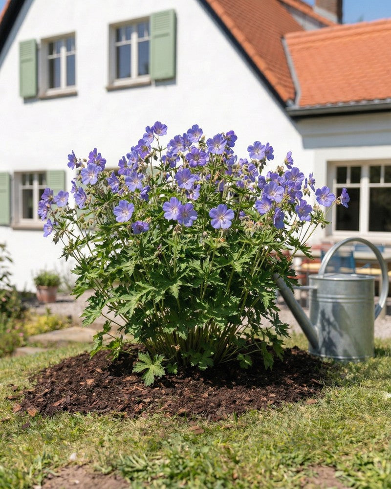 Eine üppige Geranie (blau) zeigt Büschel lila Blüten in einem gemulchten Beet vor einem Haus mit weißen Wänden, grünen Fensterläden und einem roten Ziegeldach. Eine metallene Gießkanne steht in der Nähe.