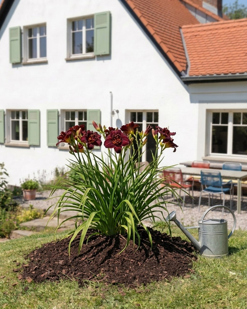 Weinrote Hemerocallis in voller Blüte im Gartenbeet vor einem Landhaus mit grünen Fensterläden und Zinkgießkanne