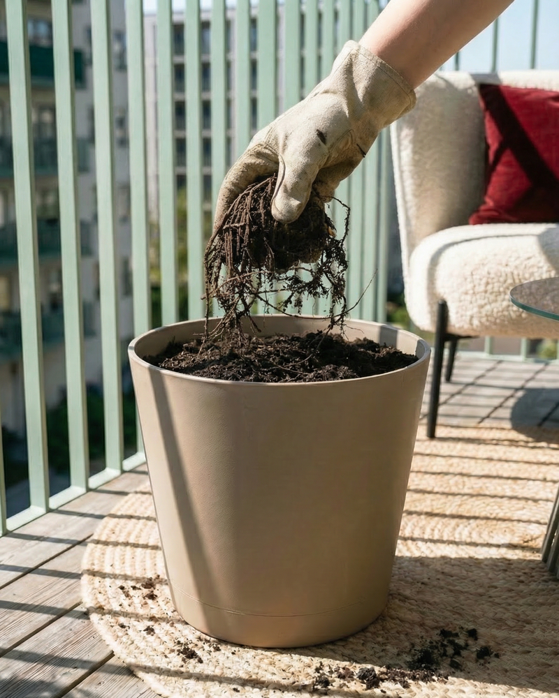 Eine behandschuhte Hand hält eine Erdbeere (Wurzelstock) über einen großen beigen, mit Erde gefüllten Blumentopf auf einem sonnenbeschienenen Balkon und deutet damit die Vorbereitungen für die Bepflanzung an.