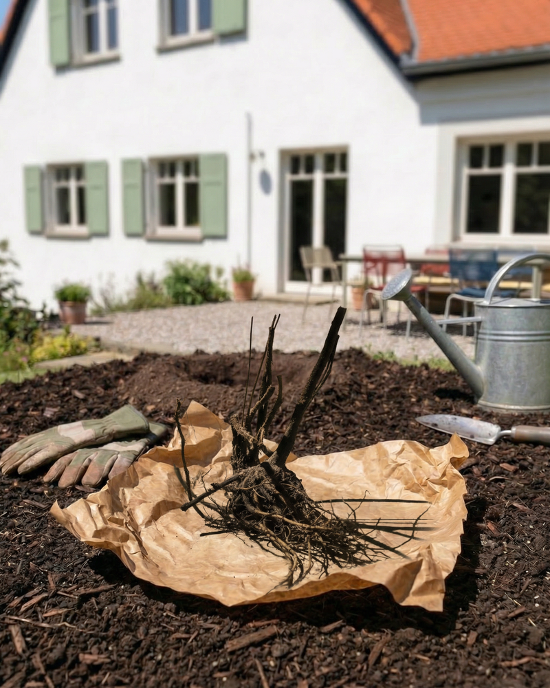 Eine Erdbeere (Wurzelstock) mit freiliegenden Wurzeln liegt auf braunem Papier über der Gartenerde, daneben liegen Gartenhandschuhe, eine Kelle und eine Metallgießkanne. Im Hintergrund ist ein weißes Haus mit grünen Fensterläden und einem roten Dach zu sehen.
