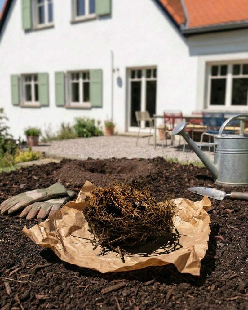 Knollen auf Packpapier mit Gartenhandschuhen und Zinkgießkanne in einem Gartenbeet