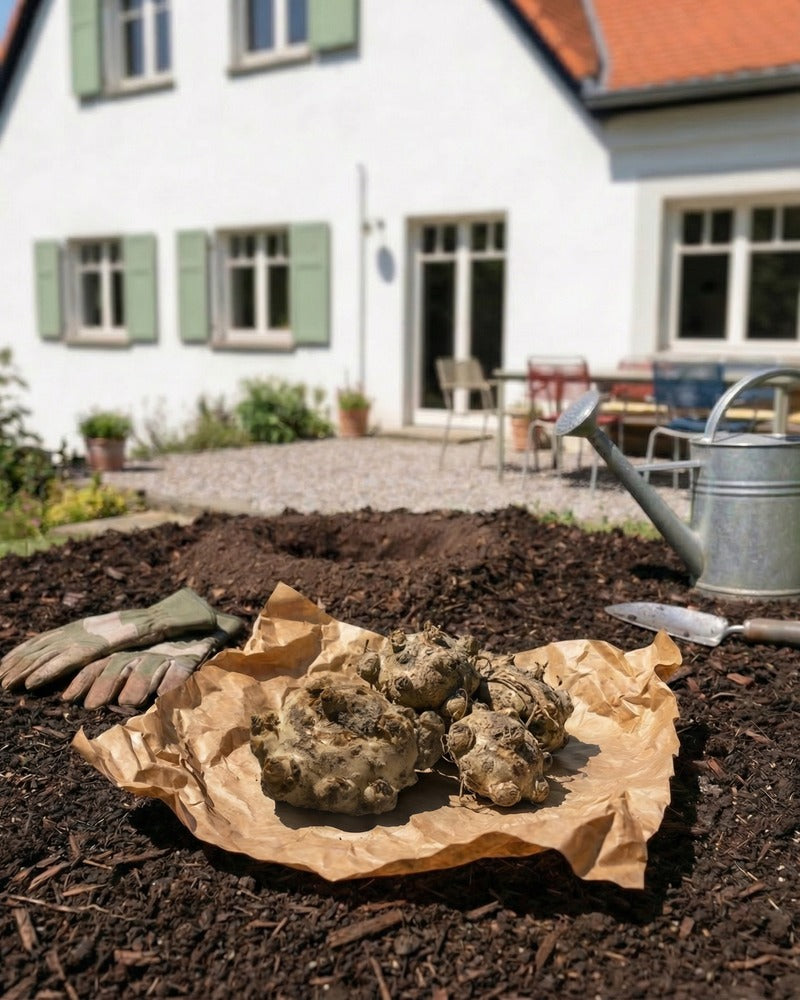 Knollen auf Packpapier mit Gartenhandschuhen und Zinkgießkanne in einem Gartenbeet
