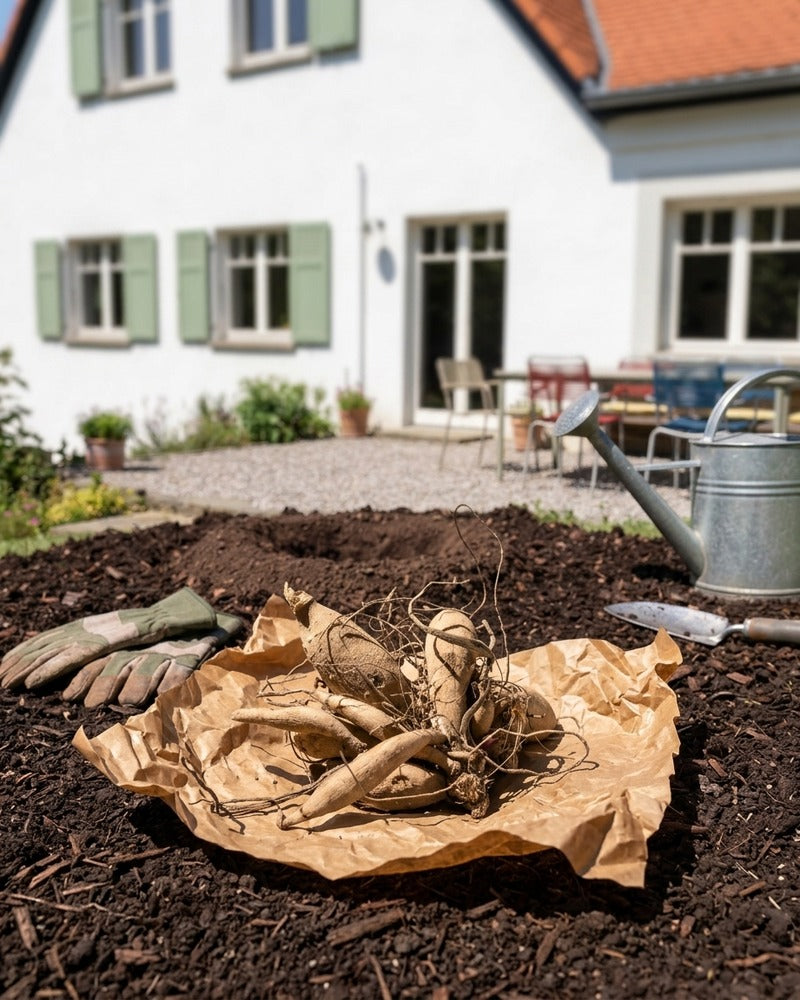 Dahlien-Knollen auf Packpapier mit Gartenhandschuhen und Zinkgießkanne in einem Gartenbeet