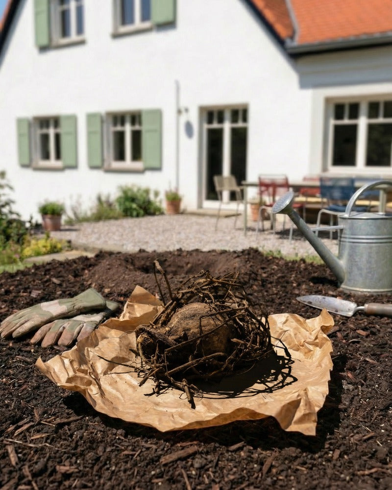 Knollen auf Packpapier mit Gartenhandschuhen und Zinkgießkanne in einem Gartenbeet