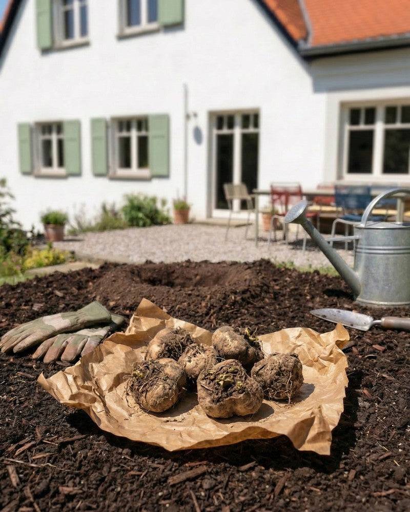 Prachtscharte-Knollen auf braunem Papier im Gartenbeet, umgeben von Gartenhandschuhen und einer Gießkanne