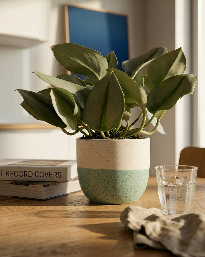 Eine Efeutute 'Moonlight' mit grün schimmernden Blättern steht auf einem Holztisch neben einem Glas Wasser, einem beigen Tuch und Büchern. Das Sonnenlicht von rechts wirft weiche Schatten in den gemütlichen, modernen Raum.