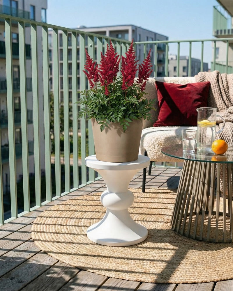 Pinke Astilbe im beigen Topf auf einem sonnigen Balkon mit Lounge-Sofa