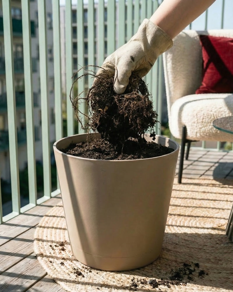 Hand pflanzt Astilbe-Rhizom in einen beigen Topf auf einem sonnigen Balkon