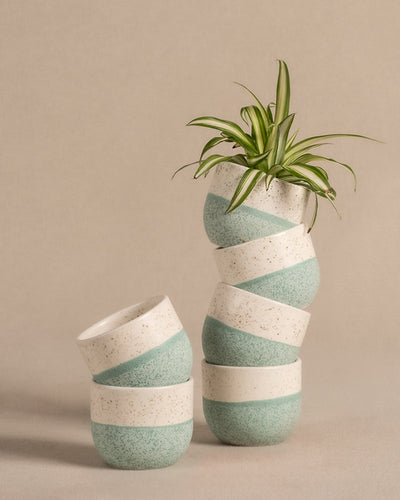 Ein eleganter Stapel des Keramik-Baby-Topfsets 'Variado' (6 Stk.) mit hellgrünem und weiß gesprenkeltem Design stützt eine kleine Grünlilie im oberen Topf. Die langen, schlanken grünen Blätter der Pflanze ergänzen den neutralen beigen Hintergrund perfekt.