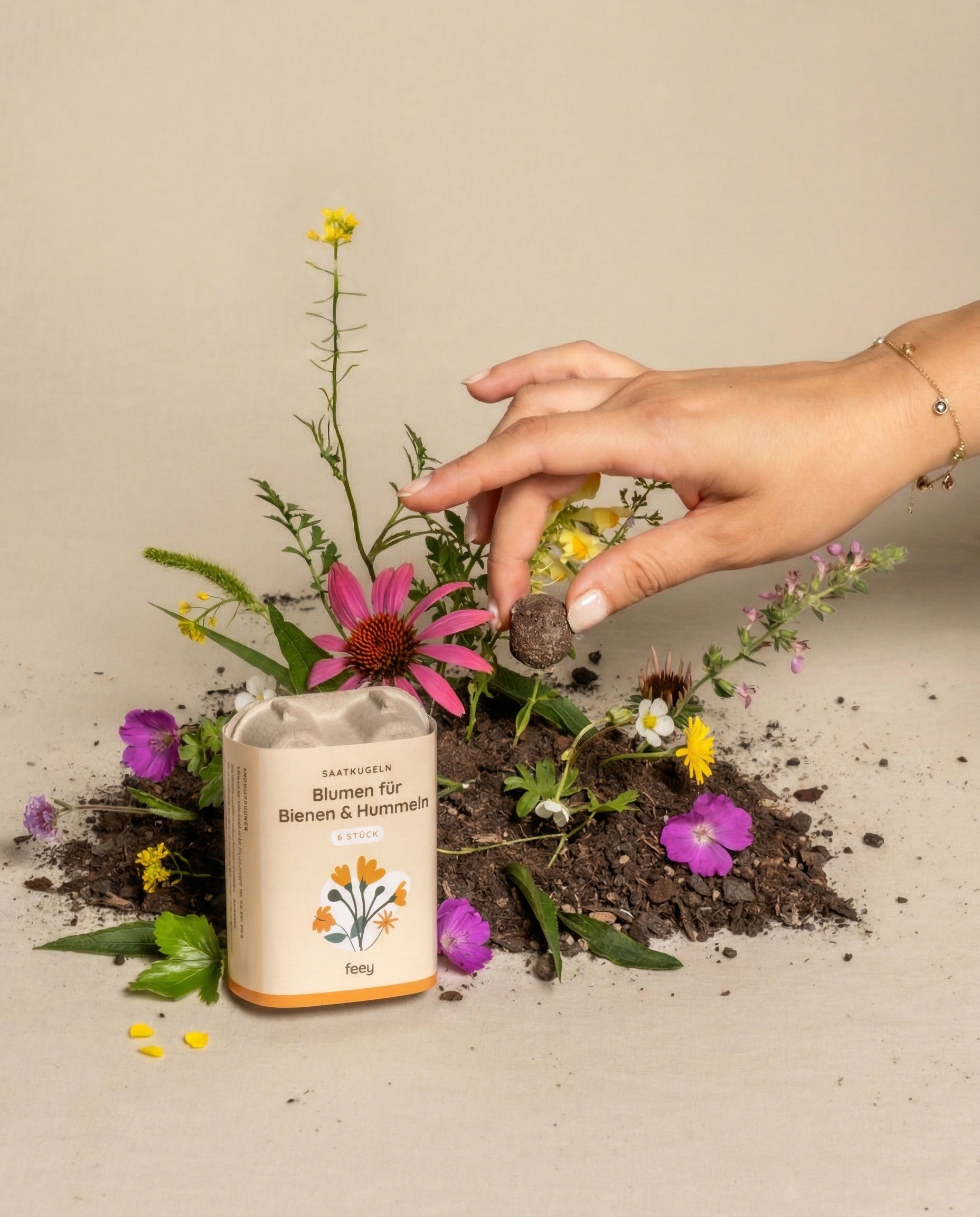 Eine Hand stellt Saatkugeln für Feld- & Wiesenblumen neben ein Glas mit der Aufschrift 