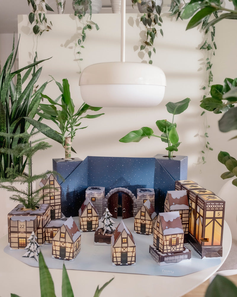 Eine gemütliche Szene zeigt ein kleines Winterdorf mit schneebedeckten Häusern und Bäumen, beleuchtet von einer modernen weißen Hängelampe. Im Hintergrund ist auf einer dunkelblauen Tafel ein Sternenhimmel-Design zu sehen, ergänzt durch die Zugabe von Natur durch die Verwendung von Pflanzen aus dem Pflanzen-Adventskalender, die das Dorf umgeben.