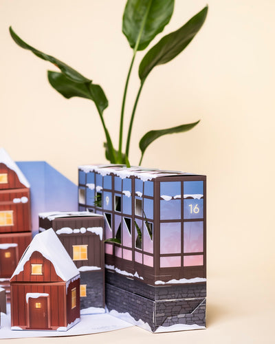 Der Pflanzen-Adventskalender ist mit winterlich nummerierten Feldern wie 9 und 16 versehen, die an verschneite Gebäude erinnern. Im Hintergrund steht eine grüne Blattpflanze vor einer cremefarbenen Wand.