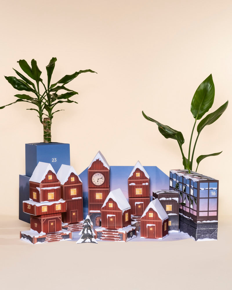 Der Pflanzen-Adventskalender zeigt kleine schneebedeckte Modellhäuser mit nummerierten Türen, die zwischen echten Topfpflanzen eingebettet sind und eine bezaubernde Winterdorfszene vor einem beigen Hintergrund bilden.