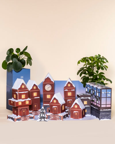 Der Pflanzen-Adventskalender hat die Form eines verschneiten Dorfes mit beleuchteten Fenstern und nummerierten Türen, flankiert von zwei grünen Blumentöpfen mit echten Pflanzen, alles vor einem beigen Hintergrund.