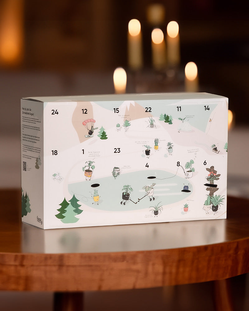 Adventskalender von feey vor einer festlichen Kulisse im Wohnzimmer
