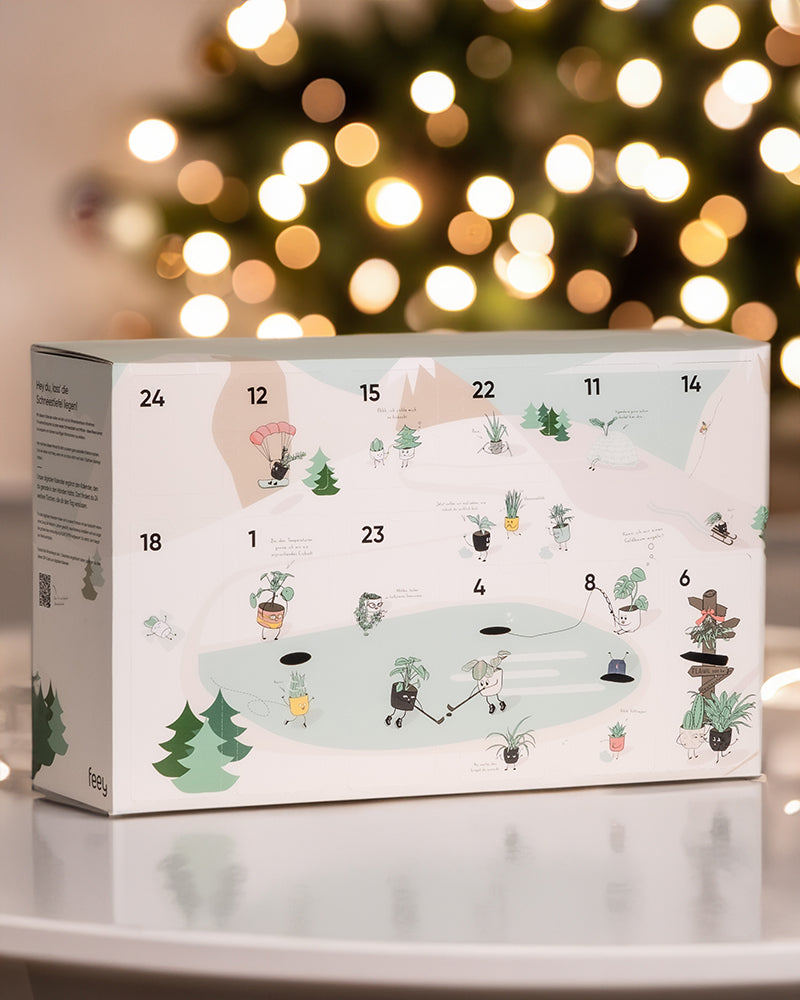 Adventskalender von feey vor einer festlichen Kulisse im Wohnzimmer