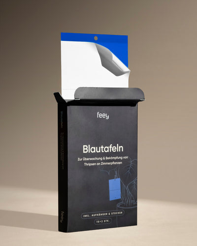 Eine geöffnete schwarze Schachtel mit der Aufschrift „Bekämpfungsset gegen Thripse“ enthält blaue Klebefallen zur Überwachung und Bekämpfung von Thripsen an Zimmerpflanzen. Die Verpackung empfiehlt die Kombination mit Raubmilben für eine effektive Schädlingsbekämpfung. Die Schachtel steht auf einem beigen Untergrund.