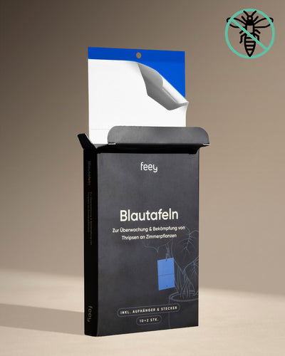 Eine geöffnete schwarze Box mit der Aufschrift „Blautafeln gegen Thripse“ von feey enthält blaue Klebefallen zur Überwachung und Bekämpfung von Thripse- und Schädlingsbefall an Zimmerpflanzen. Die aufrecht stehende Box steht vor einem neutralen Hintergrund.