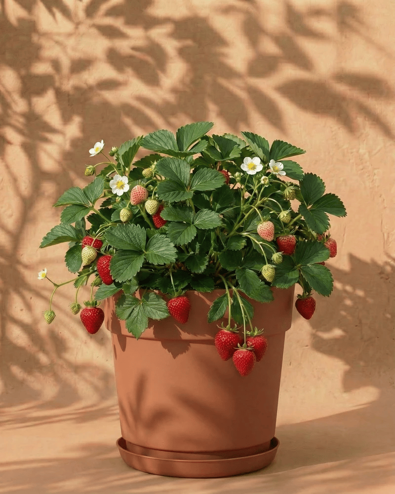 Ein Terrakotta-Topf enthält eine Erdbeere (Wurzelstock) mit grünen Blättern, weißen Blüten und reifenden roten Früchten vor einem beigen Hintergrund mit Blattschatten.