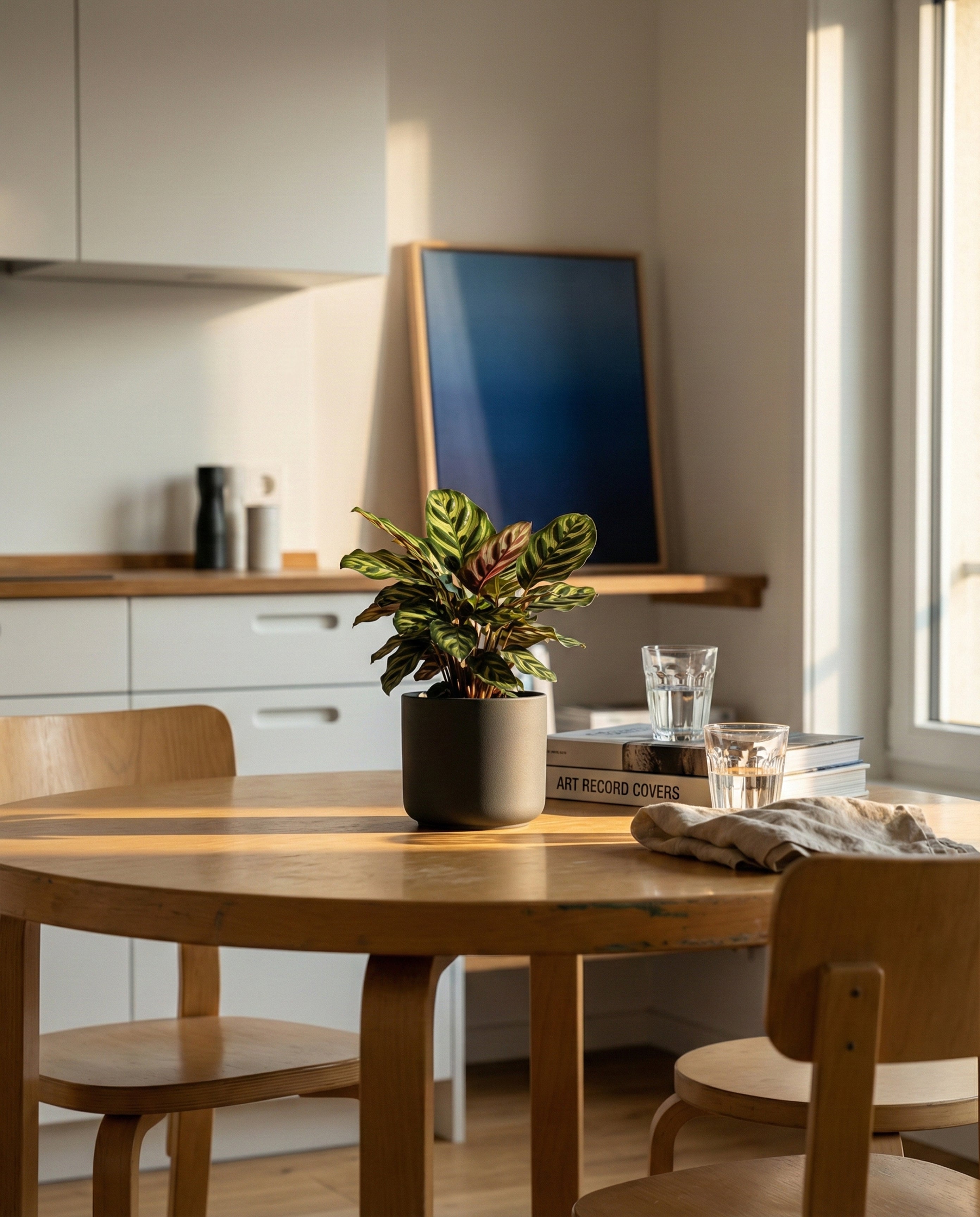 Ein runder Holztisch mit einer Kleinen Calathea makoyana - Fee in einem Topf, zwei Gläsern Wasser, einem geschlossenen Buch und einer Serviette erhellt die sonnenbeschienene Küche. Im Hintergrund lehnt ein gerahmtes blaues Kunstwerk an der Arbeitsplatte.