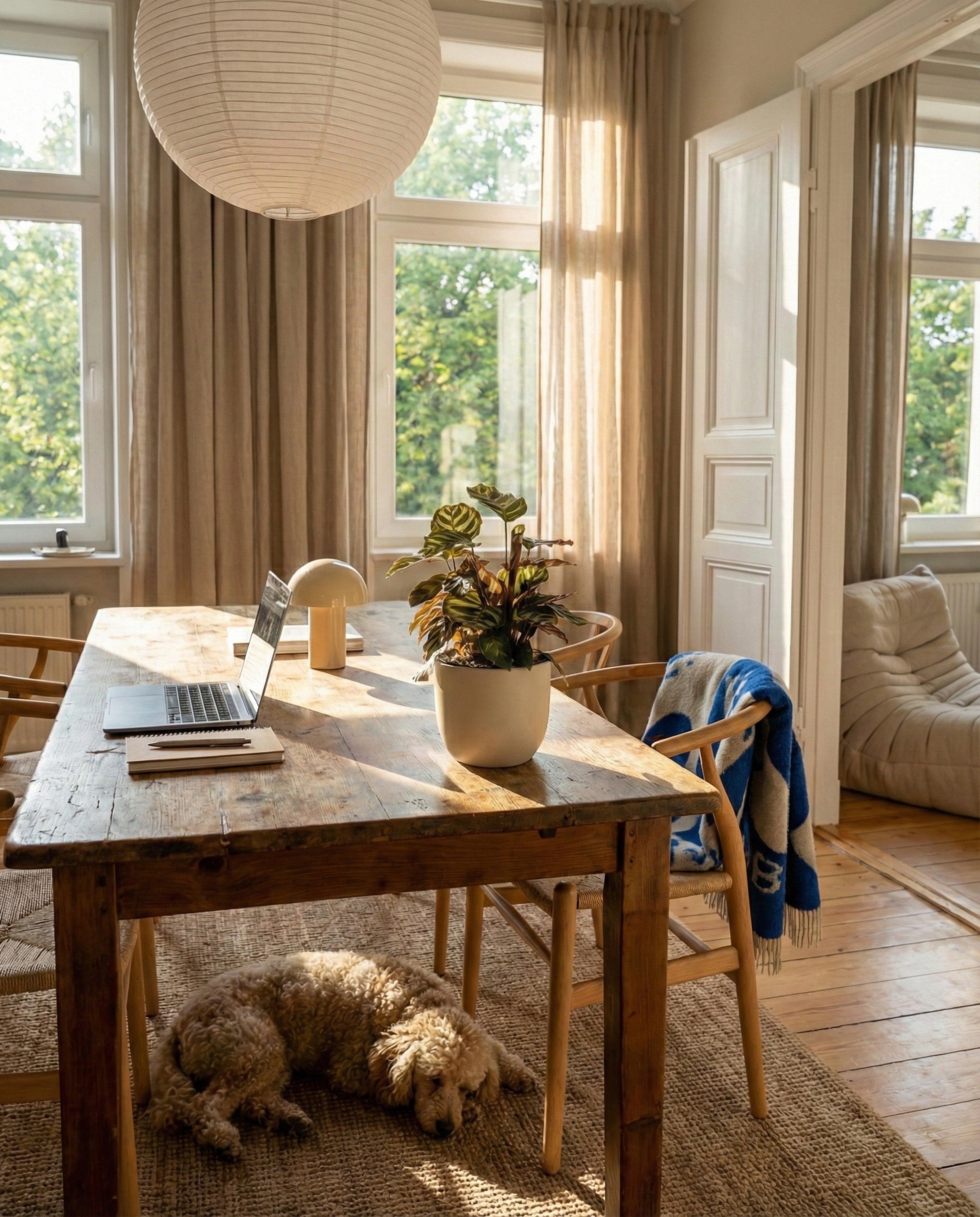 In einem gemütlichen, sonnendurchfluteten Raum steht ein rustikaler Holztisch mit einem Laptop, einer Lampe und einer Kleinen Calathea makoyana - einer Feenpflanze. Beigefarbene Vorhänge rahmen die Fenster ein, ein flauschiger Hund liegt auf dem Teppich, und ein Sitzsack sowie ein drapierter Stuhl vervollständigen die Szene.