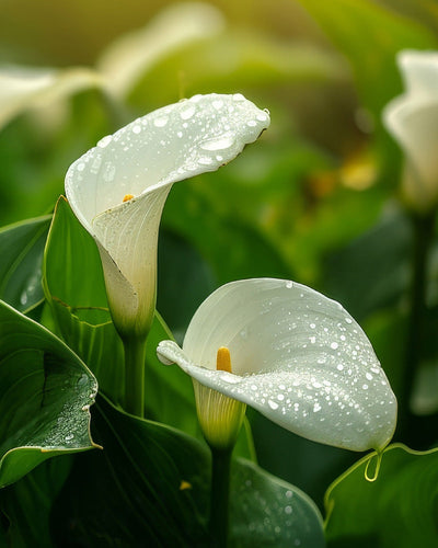 Nahaufnahme von zwei weißen Calla-Blüten (Weiß), geschmückt mit Regentropfen, umgeben von üppigen grünen Blättern, unter weichem, diffusem Licht, das eine heitere Atmosphäre schafft.