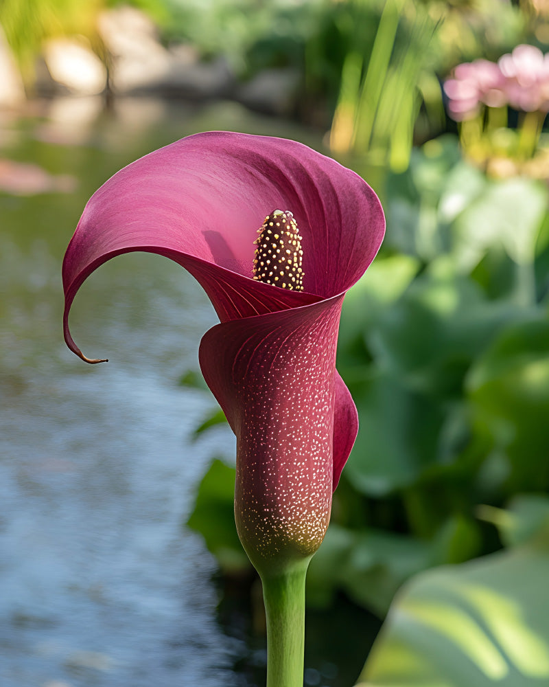 Eine Nahaufnahme einer blühenden, tief kastanienbraun-violetten Calla-Blume, bekannt als Zantedeschia, mit gesprenkeltem Stiel vor einem verschwommenen Gartenhintergrund mit einem Teich und sanft vom Sonnenlicht beleuchtetem Grün.