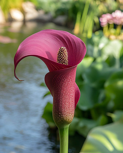Eine Nahaufnahme einer blühenden, tief kastanienbraun-violetten Calla-Blume, bekannt als Zantedeschia, mit gesprenkeltem Stiel vor einem verschwommenen Gartenhintergrund mit einem Teich und sanft vom Sonnenlicht beleuchtetem Grün.