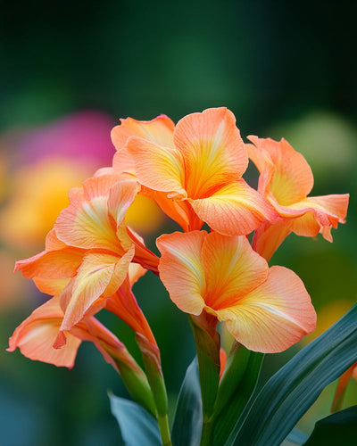 Eine Nahaufnahme einer leuchtenden Canna (Rosa) mit zarten orangefarbenen und gelben Blütenblättern vor einem verschwommenen grünen Hintergrund, akzentuiert durch zarte rosa und gelbe Farbtöne in der Ferne.