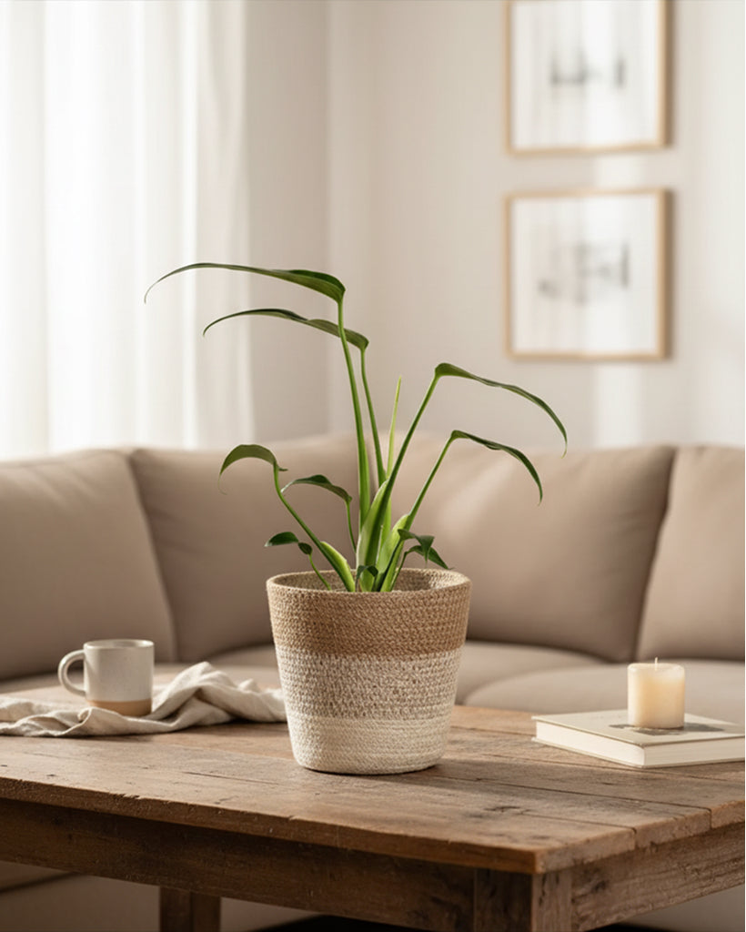Eine Monstera 'Burle Marx Flame' - feey steht in einem Topf auf einem hölzernen Couchtisch in einem gemütlichen Wohnzimmer mit einem beigen Sofa, Tasse, Kerze und Büchern. Durch das Fenster fällt sanftes Licht, im Hintergrund hängt gerahmte Kunst an der Wand.