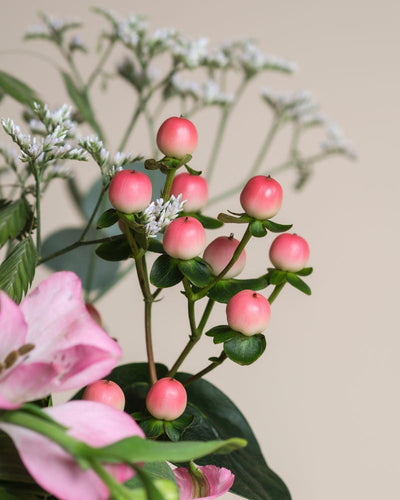 Nahaufnahme des Ballerina-Straußes mit rosafarbenen Hypericum-Beeren auf grünen Stielen, akzentuiert durch kleine weiße Blüten und eine teilweise sichtbare rosafarbene Lilie, alles vor einem weichen beigen Hintergrund.