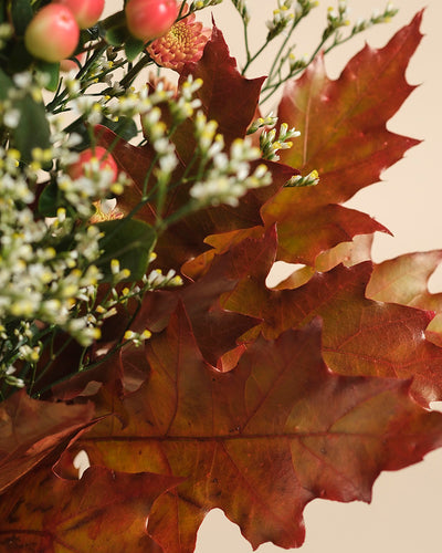 Eine Nahaufnahme von Herbstblättern in warmen Farbtönen, akzentuiert von weißen Blüten und rosafarbenen Beeren, bildet einen lebendigen Herbstfreude-Strauß mit einem fröhlichen Farbenspiel.