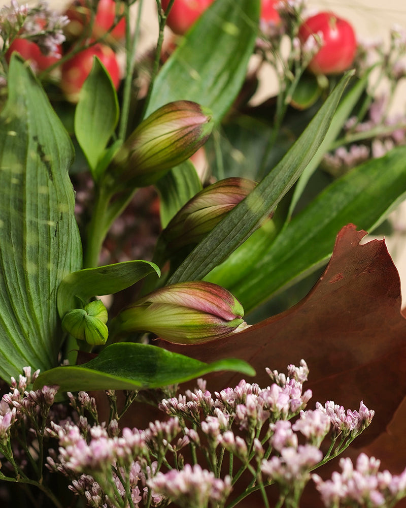 Eine Nahaufnahme des Herbstfreude-Straußes zeigt grüne Blätter, ungeöffnete rosafarbene Knospen, kleine hellviolette Blüten und rote Beeren im Hintergrund - ein fröhliches Farbspiel in warmen Farben.