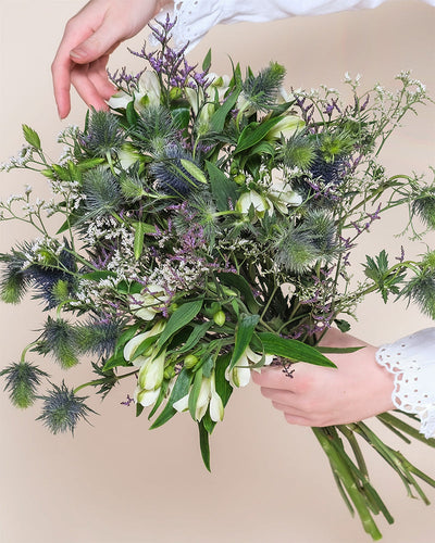 Eine Person in einem weißen Hemd mit Ösenmanschetten hält den "Wanderlust"-Blumenstrauß - grüne Blätter, weiße Blütenblätter und stachelige blaue distelähnliche Blumen - in der Hand, um die Natur vor einem hellbeigen Hintergrund in Szene zu setzen.