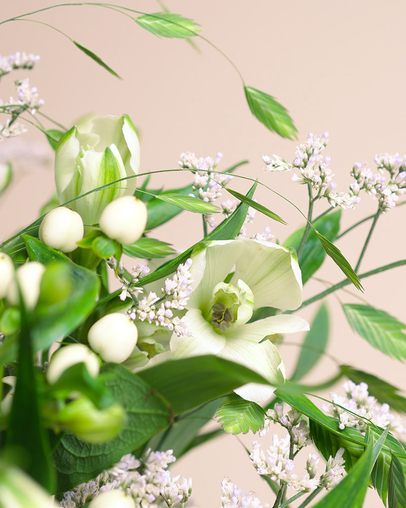 Eine Nahaufnahme von Luftkuss, einem Strauß mit zartgrünen und weißen Blüten, kleinen weißen Knospen und zarten Lavendelzweigen auf einem weichen beigen Hintergrund, der das sanfte Gefühl von Liebe in jedem Detail einfängt.