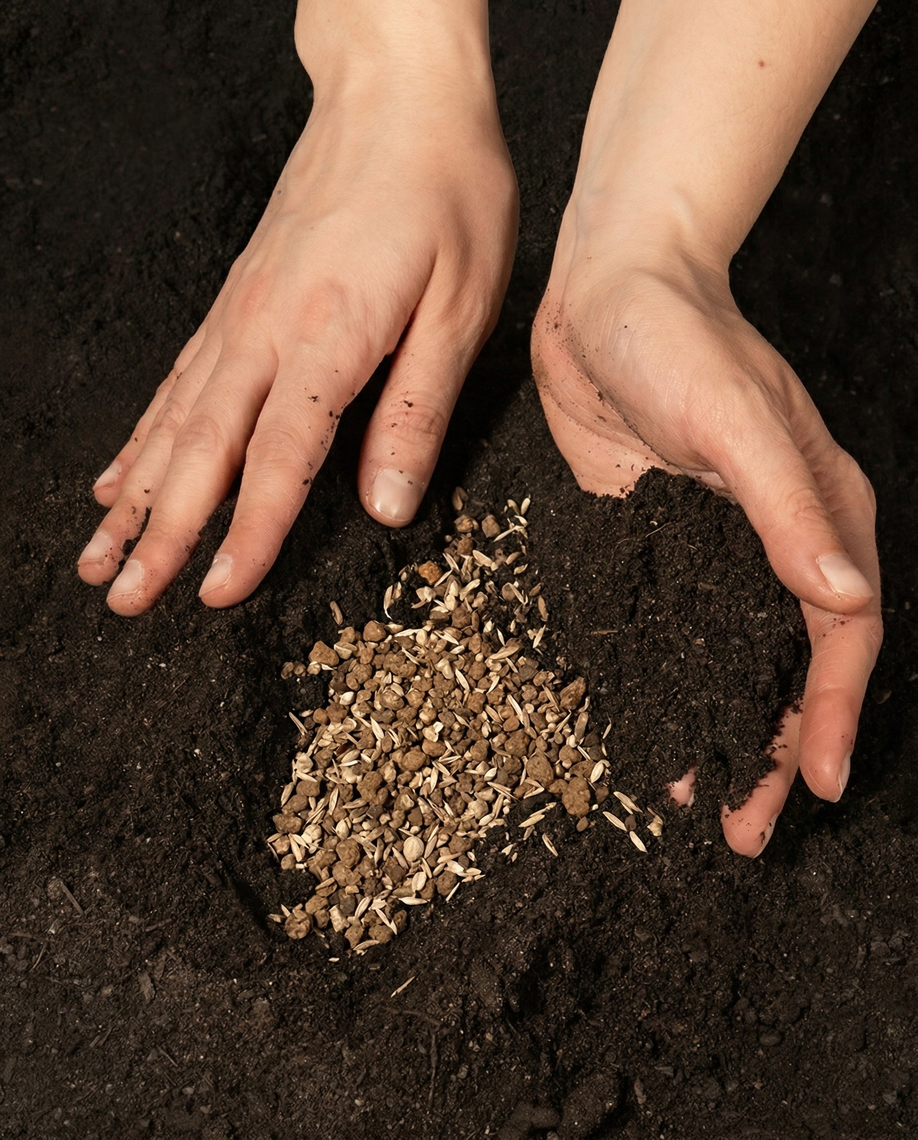 Hände mischen organisches Langzeitdünger-Granulat in dunkle Pflanzenerde ein