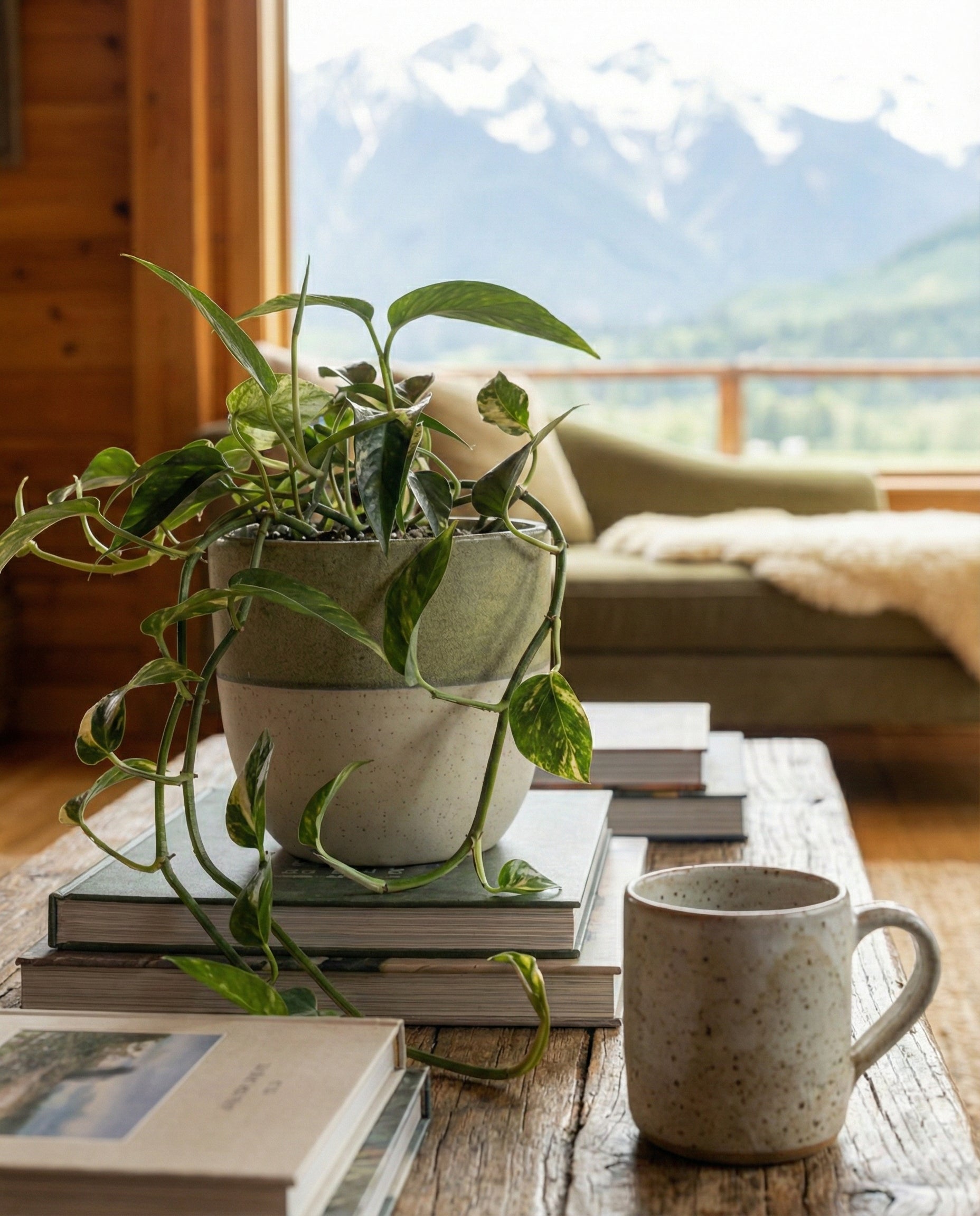 Ein Epipremnum pinnatum variegata - feey ruht auf einem Stapel Bücher auf einem Holztisch neben einem gesprenkelten Becher, mit einer grünen Couch und großen Fenstern, die verschneite Berggipfel und üppiges Grün im Hintergrund zeigen.