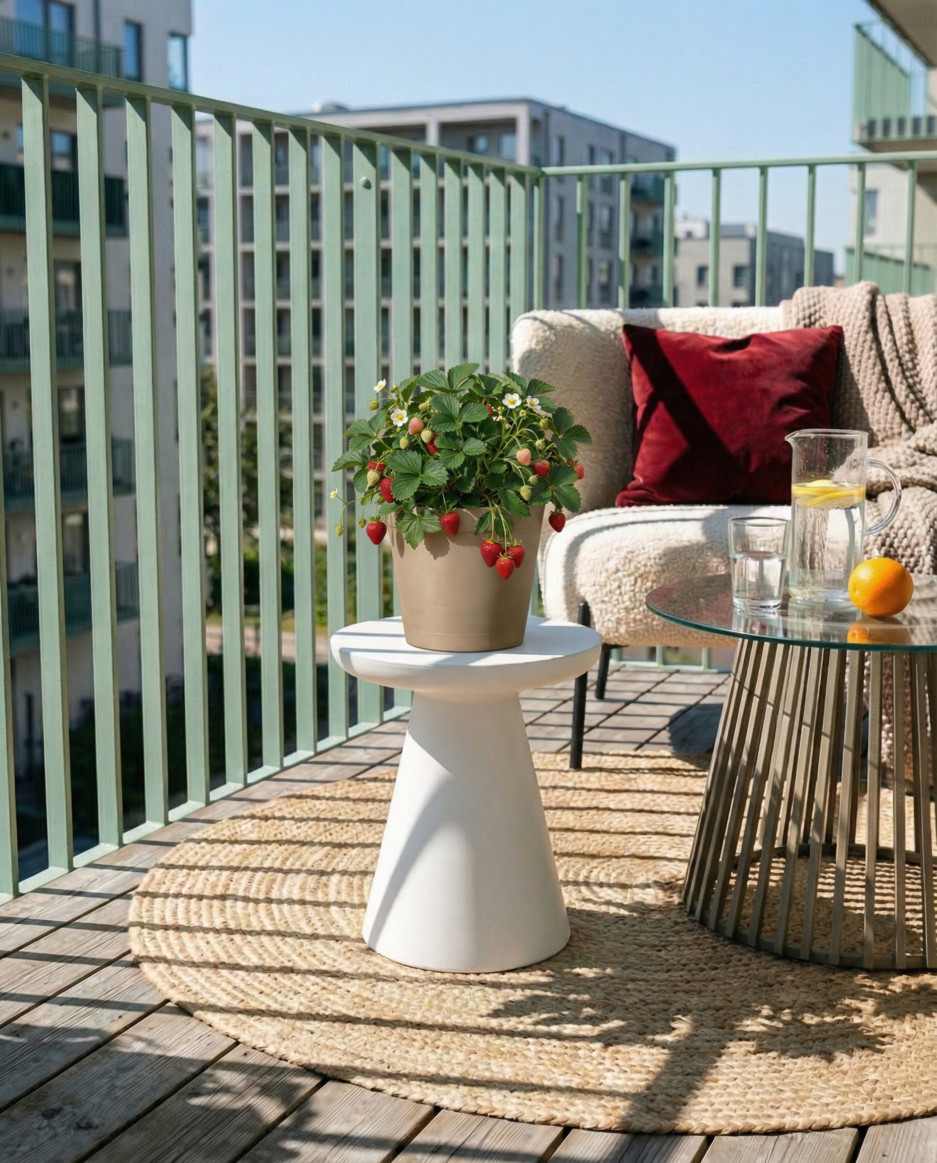 Eine Erdbeere (Wurzelstock) im Topf steht auf einem kleinen weißen Beistelltisch auf einem Balkon mit einem gemütlichen Sessel, einem Glastisch mit Getränken und städtischen Gebäuden im Hintergrund.