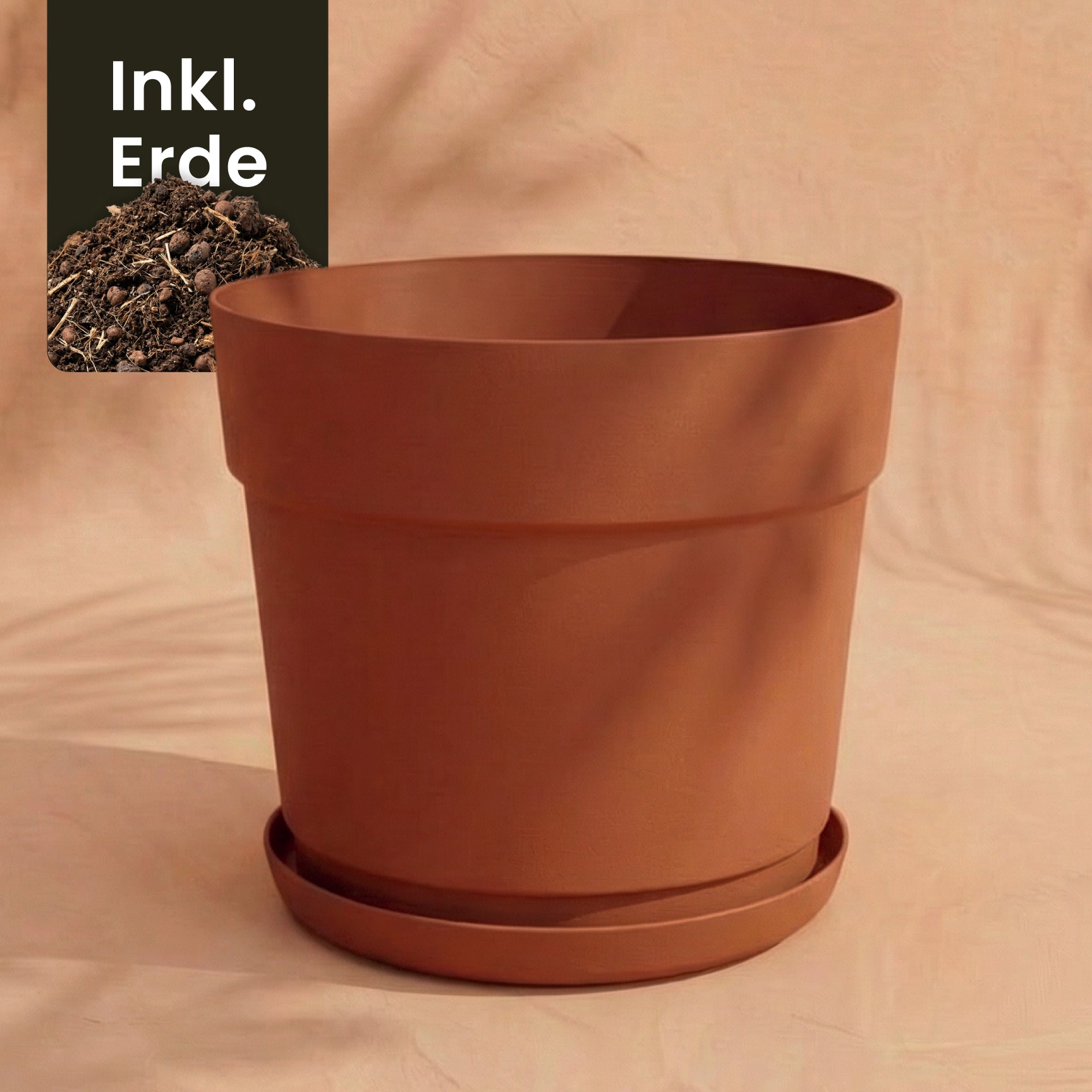 Ein Kunststoff Pflanzkübel (Bloom | 29 cm Ø) mit passendem Untersetzer steht auf einer beigen Fläche. Im Eck ist ein 