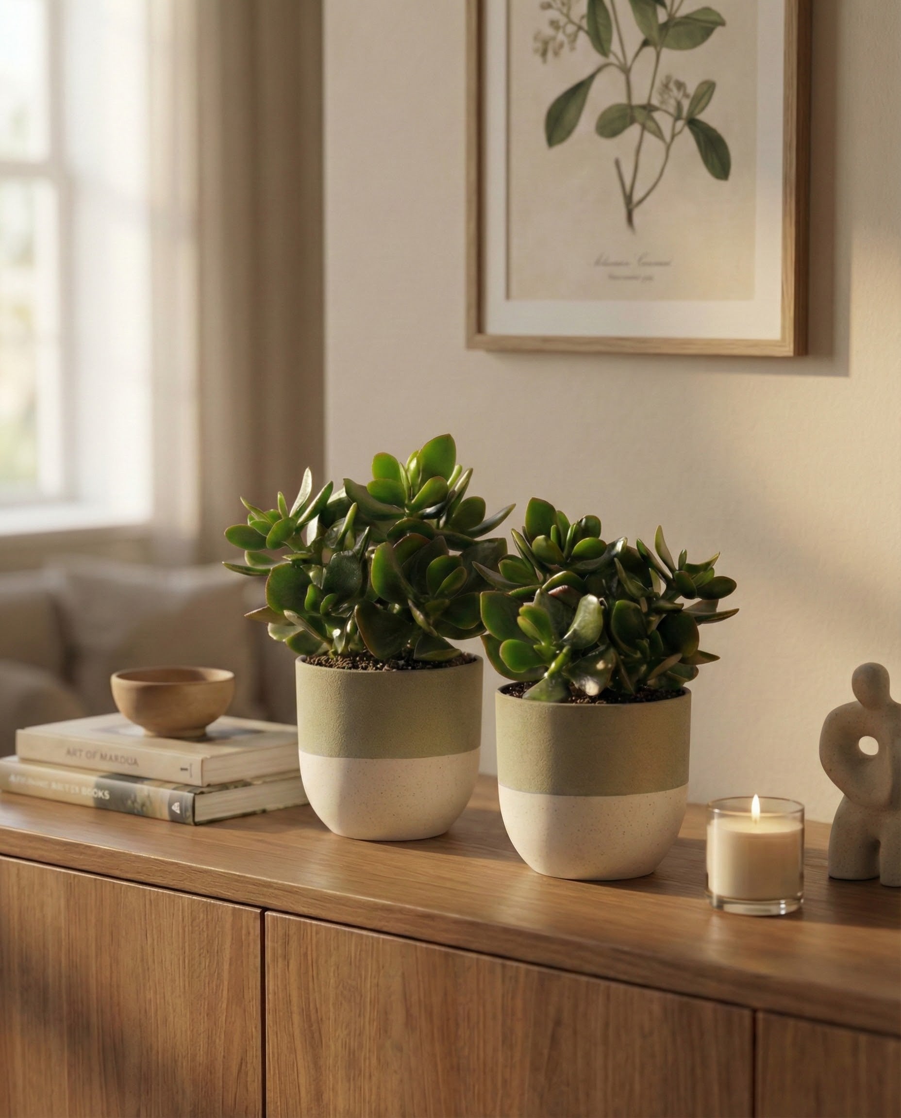 Zwei Geldbaum Duo-Topfpflanzen stehen auf einem hölzernen Sideboard neben einer Kerze, einer kleinen Skulptur und gestapelten Büchern. Über ihnen hängt ein botanischer Druck, durch den das Sonnenlicht aus einem nahe gelegenen Fenster einfällt.
