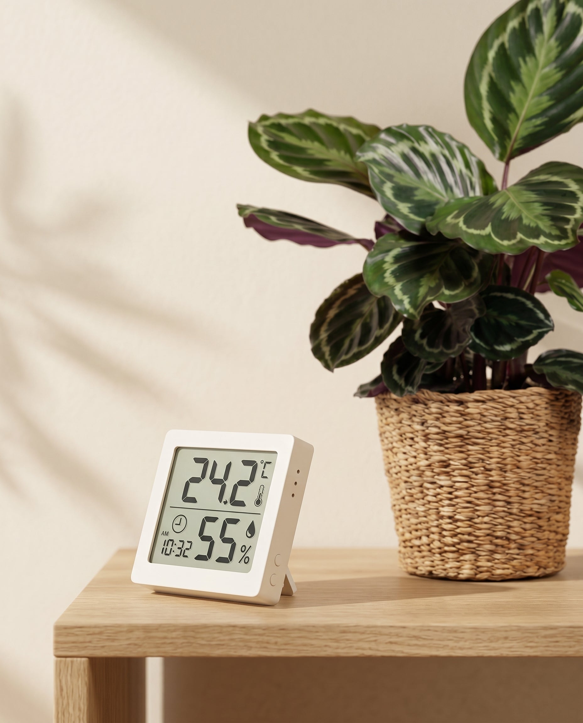 Ein Hygrometer zeigt 24,2 °C und 55 % Luftfeuchtigkeit auf einem Holztisch neben lebhaften Zimmerpflanzen in einem geflochtenen Korb vor einer beigen Wand an.