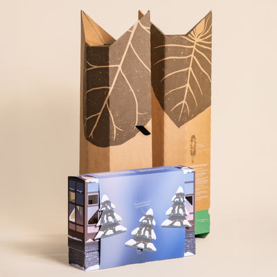 Zwei hohe Pappverpackungen mit Blattmustern stehen hinter einer rechteckigen blauen Pflanzen-Produkte (1/2) Adventskalender-Schachtel, die mit verschneiten Bäumen und Fenstermotiven verziert ist, alles vor einem schlichten hellen Hintergrund.