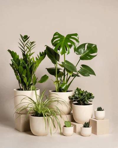 Das Homeoffice Pflanzen-Set präsentiert verschiedene Topfpflanzen, darunter die markante Monstera, auf beigen Podesten. Große Blattpflanzen und kleinere Sukkulenten stehen in cremefarbenen Töpfen und bieten ein minimalistisches Arrangement mit neutralem Hintergrund, der ihr leuchtend grünes Laub optimal zur Geltung bringt.